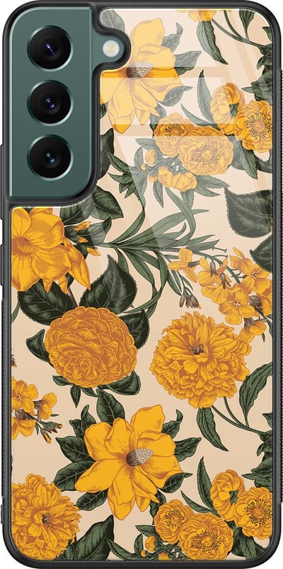 Hoesje geschikt voor Samsung Galaxy S22 - Retro flowers - Luxe Glazen Hardcase - Print / Illustratie - Geel