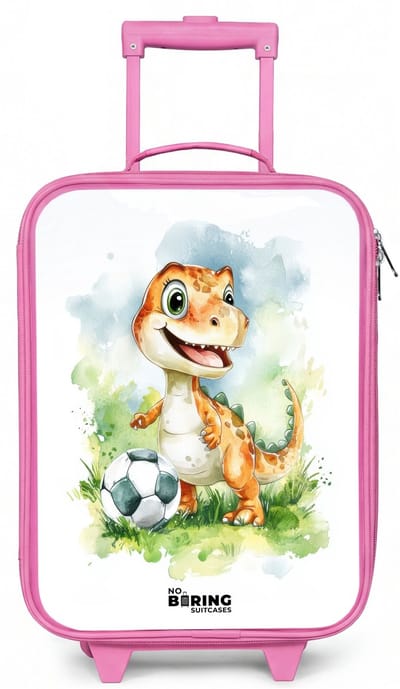 NoBoringSuitcases.com® - Kinderkoffer roze - Kindertrolley meisje - Dino met voetbal in kleurrijk veld - Koffer kind lichtgewicht - Reiskoffer trolley voor kinderen - Koffertje met lichtgevende wieltjes - Rolkoffer