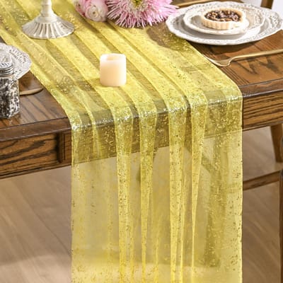 75*300cm-tafellopers textiel-Tafelloper Tule met Glitters-Prachtige woondecoratie, tafeldecoraties-Geel - Gouden pailletten