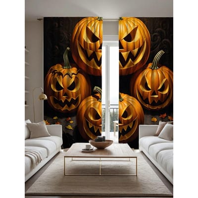 Ensemble 2 pièces HD Halloween quatre citrouilles feuille d'érable d'automne rideau décoratif noir cravate rideau imprimé numériquement décoration de maison styl W52H63inchW132H160cm orange