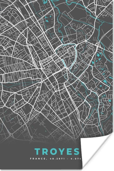 Poster Troyes - Frankrijk - Plattegrond - Stadskaart - Kaart - 120x180 cm XXL
