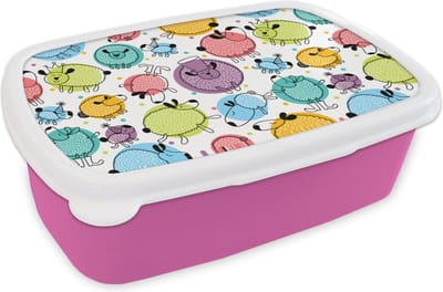 Broodtrommel Roze - Lunchbox - Brooddoos - Schapen - Stippen - Patronen - 18x12x6 cm - Kinderen - Meisje