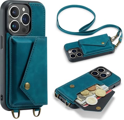 Casemania Hoesje Geschikt voor Apple iPhone 14 Pro - Emerald Green - Luxe Backcover met Koord en Magnetische Sluiting - Portemonnee Wallet Case met Pasjeshouder en Opbergvak - Lanyard Telefoonhoes - Cord Case