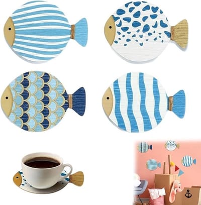 Maritieme wanddecoratie - 4 delige houten set - Vis design - Perfect voor woonkamer en badkamer - ShopVlot