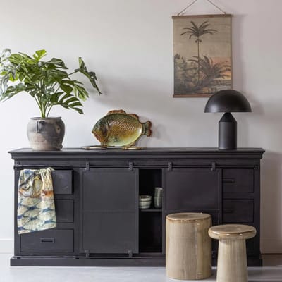 Mangohouten Dressoir Newark Black 160 cm Dubbele Deurtjes Mahom Industrieel - Dressoir van Mangohout & Metaal - Industriële Dressoir