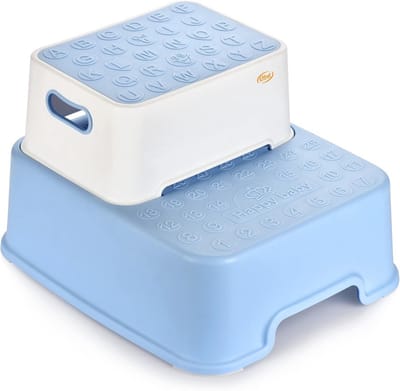 Voetenbank met dubbele treden - Antislip kunststof opstapkruk voor kinderen - Ideaal voor toilettraining en handen wassen - Blauw-wit