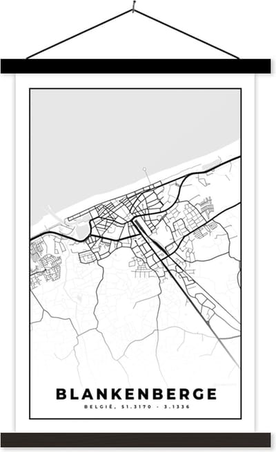 Posterhanger incl. Poster 40x60 cm - Schoolplaat - Zwart Wit – België – Plattegrond – Stadskaart – Kaart – Blankenberge - Textielposter - Zwarte latten - Stadskaart