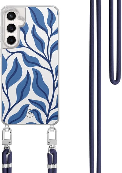 Hoesje met koord geschikt voor Samsung Galaxy S24 FE - Blue leaves - Inclusief Donkerblauw koord - Crossbody beschermhoes - Transparant, Blauw - Mooie Telefoonhoesjes