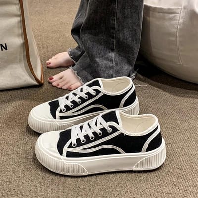 NIEUWE Dames Gevulkaniseerde Sneakers Platform Effen Kleur Flats Damesschoenen Casual Ademende Wedges Wandelsneakers 35 black