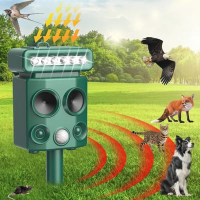 Ultrasoon kattenafweermiddel voor buiten met LED-licht en zonne-energie – waterdicht IP65, IR-bewegingssensor, dierwerend voor katten, honden, vogels en ongedierte