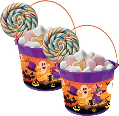 Fiestas Guirca Trick or treat snoep emmertje - 2x - heksen thema - paars - 18 x 16 cm - Halloween snoepjes ophalen