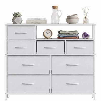Ladekast Opbergkast Dressoir voor Slaapkamer, Woonkamer & Gang - Kasten & Opbergen - Met 8 Stoffen Lades en Open Schap - Compact, Stabiel & Stijlvol - Metaal & MDF - Wit - 100x30x84 cm
