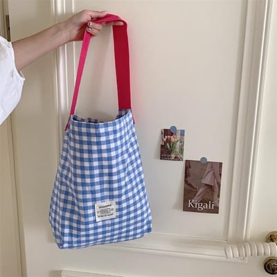 Nieuwe Stijl Mode Katoenen Stof Schoudertas voor Dames Eenvoudig Ruitpatroon Grote Casual Capaciteit Shopper Tote Tassen lichtblauwe kleur