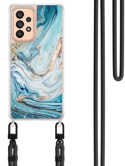 Hoesje met koord geschikt voor Samsung Galaxy A52 5G - Marmer blauw goud - Inclusief Zwart koord - Crossbody beschermhoes - Transparant, Blauw, Goud - Mooie Telefoonhoesjes