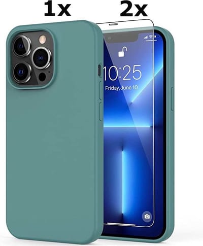 Hoesje Geschikt voor iPhone 13 Pro Soft Nano siliconen Gel Donkergroen Hoesje Met 2X Glazen screenprotector