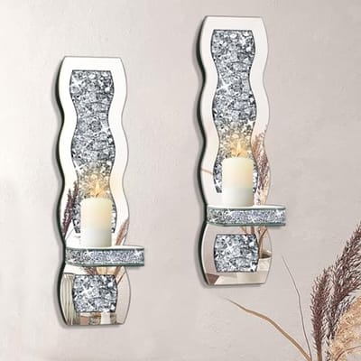 Set van 2 Golvende Zilveren Gespiegelde Wandkandelaars - Wanddecoraties voor Woonkamer, Eetkamer en Slaapkamer