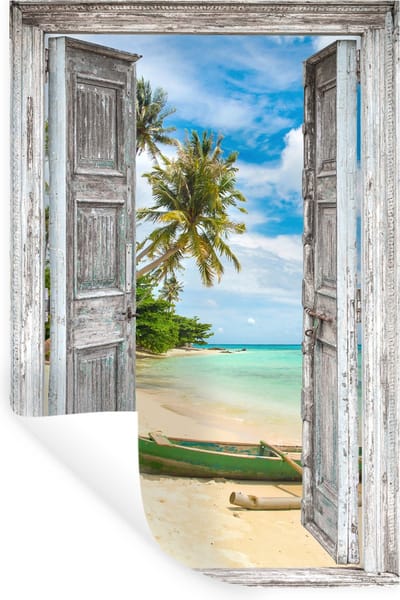 Muurstickers - Sticker Folie - Kano - Strand - Palmboom - Strand - Doorkijk - 20x30 cm - Plakfolie - Muurstickers Kinderkamer - Zelfklevend Behang - Zelfklevend behangpapier - Stickerfolie