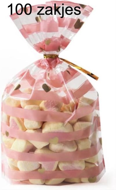 CHPN - Traktatiezakjes - Uitdeelzakjes - Snoepzakjes - Giftbags - 100stuks - Goodiebag - Transparante zakjes - Roze met gouden hartjes