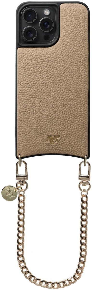 AVY Leren Hoesje Geschikt voor Apple iPhone 14 Pro Max | Compatibel met MagSafe | Leather Case met Telefoonkoord | Polsband | Beige | Aurum Lien