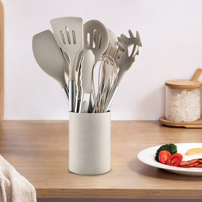 MODFU Siliconen Keukengerei Set – 12-delig met RVS Handgrepen – Praktisch en Veelzijdig – Comfortabel Koken – Geschikt voor Dagelijks Gebruik – Khaki