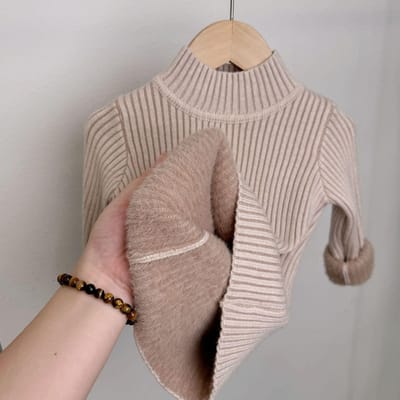 Vêtements d'hiver pour enfants Pull à col haut pour enfants avec velours épais Garçons Couleur unie Pièce polyvalente 160 abricot
