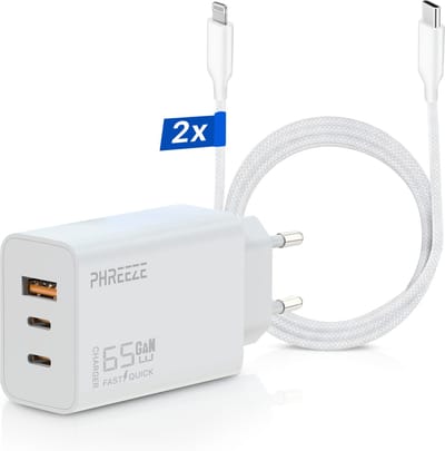Usb C adapter geschikt voor iPhone / iPad + Lightning oplader kabel 3 meter - 65w snellader usb C 3 poorten - Oplaadkabel geschikt voor iPhone 14 13 12 11 8 7 SE X