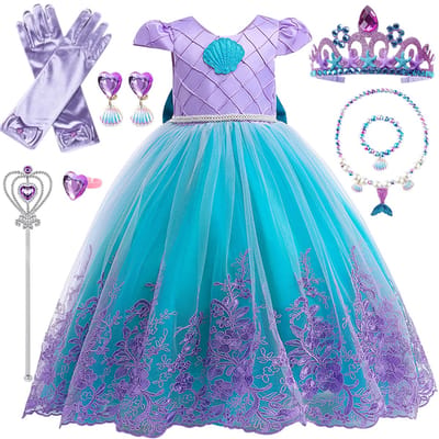 Kraftverdia Prinsessenjurk en Zeemeerminnenkostuum voor Meisjes - Carnaval & Halloween Kostuum met Complete Set (Kroon, Toverstaf, Sieraden) - Feest- en Verkleedkleding voor 3-10 Jaar - Perfect als Verjaardagscadeau of Partyjurk