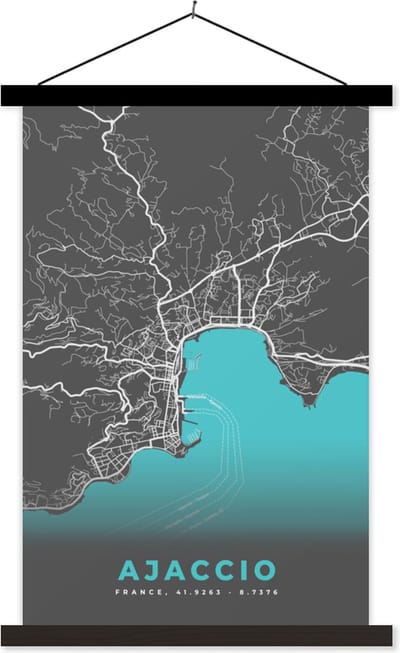 Posterhanger incl. Poster 40x60 cm - Schoolplaat - Kaart – Stadskaart – Frankrijk - Ajaccio - Plattegrond - Corsica - Textielposter - Zwarte latten - Stadskaart
