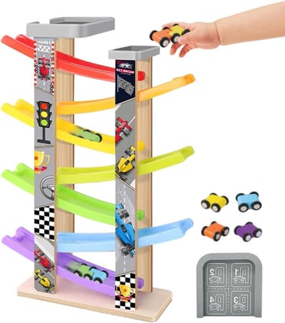 Houten Autobaan - Racebaan Speelgoed - Kinderen Leren Spelen - Zeven Niveaus - 44 x 13 x 8 cm - Houtkleur