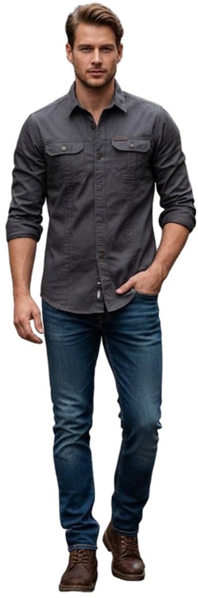 Cargo Overhemd Heren - Blouse - Grijs - Zakken - Knopen - Lange Mouwen - Maat S