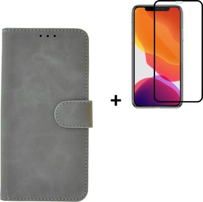 Hoesje Geschikt voor iPhone 11 Pro Max + Screenprotector iPhone 11 Pro Max - iPhone 11 Pro Max Hoes Wallet Bookcase Grijs + Full Tempered Glass