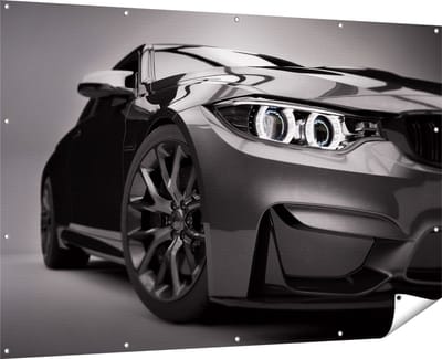 Gards Tuinposter Grijze Sportwagen Auto - Zwart Wit - 180x120 cm - Tuindoek - Tuindecoratie - Wanddecoratie buiten - Tuinschilderij