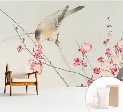 Wallfluent Behang - Bloemvogel Muurbehang - 312x219 cm - Zwart Behang - Voor liefhebbers van geschiedenis en reizen - Behang Voor op kantoor, voor de hal, voor de woonkamer - Wandbekleding Bloemen en planten