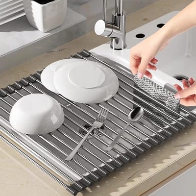 Famanu – Afdruiprek voor servies en keuken - opvouwbaar en afneembaar - roestvrij staal - 45 x 35 cm - ruimtebesparend ontwerp - duurzaam en makkelijk schoon te maken