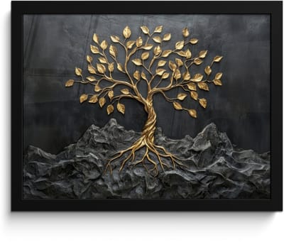 Poster in lijst - Fotolijst 40x30 cm - Posters - Bladeren - Goud - Boom - Rots - Posterlijst zwart - Decoratie - Wanddecoratie woonkamer - Muurdecoratie slaapkamer