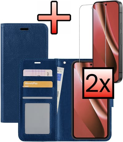 Hoesje - Met 2x Screenprotector - Geschikt voor Google Pixel 10a - Luxe Pasjeshouder - Bookcase Portemonee - Flip Case - Kunstleer Book Case - Flipcase Hoes - Book Cover - Walletcase - Portemonneehoes - Donkerblauw