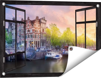 Gards Tuinposter Doorkijk Amsterdamse Grachten - 60x40 cm - Tuindoek - Tuindecoratie - Wanddecoratie buiten - Tuinschilderij