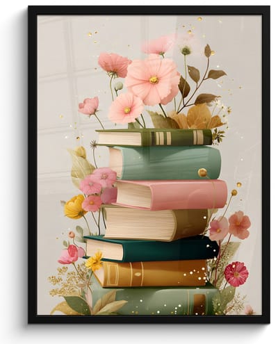 Poster in lijst - Fotolijst 50x70 cm - Posters - Boeken - Stapel - Bloemen - Kleurrijk - Posterlijst zwart - Decoratie - Wanddecoratie woonkamer - Muurdecoratie slaapkamer