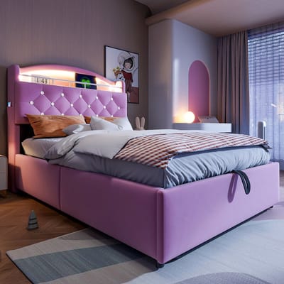 Kinderbed 90x200 cm - eenpersoonsbed met opbergruimte - inclusief LED-verlichting en USB - roze - zonder matras