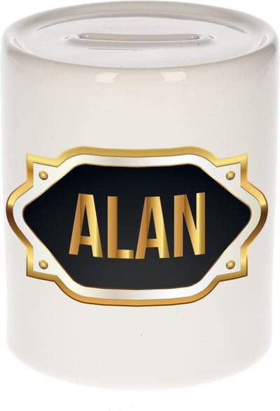 Spaarpot met voornaam Alan - wit - met goud/zwart embleem - 8 x 9 cm - keramiek - met afsluitdop - cadeau verjaardag