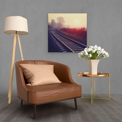 Artaza Canvas Schilderij Spoorweg - 60x60 cm - Wanddecoratie Zonsondergang - Muurdecoratie Natuur - Schilderijen Landschap Mist