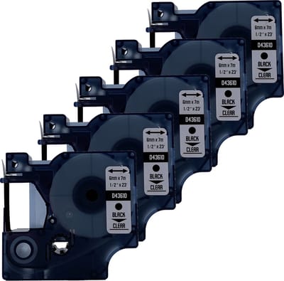 DULA Dymo D1 43610 - S0720770 - Compatible label tape - 5 lettertapes - Zwart op transparant - 6mm x 7m