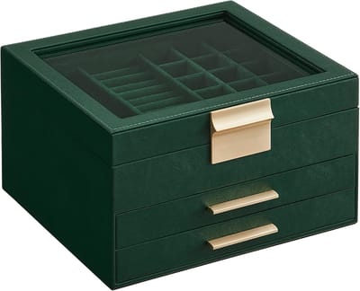 Famanu - Sieradendoos 3 lagen met glazen deksel en 2 laden, ruime juwelendoos – bosgroen goudkleurig