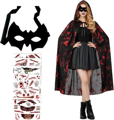 Zwarte Bloederige Vampiercape met Kap voor Volwassenen, Inclusief Oogpatches en Tatoeages voor Halloween en Feestjes