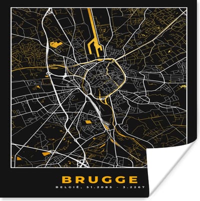 Poster Goud - Brugge - Stadskaart - Kaart - Plattegrond - 100x100 cm XXL