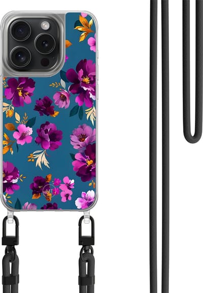Hoesje met koord geschikt voor iPhone 14 Pro - Violet garden - Inclusief zwart koord - Crossbody beschermhoes - Transparant, Paars - Mooie Telefoonhoesjes