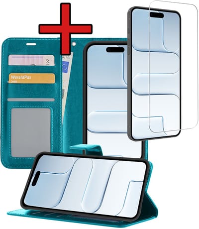 Hoesje - Met Screenprotector - Geschikt voor Apple iPhone Air - Luxe Pasjeshouder - Flipcase - Bookcase Portemonee - Flip Case - Kunstleer Book Case - Book Cover - Walletcase - Portemonneehoes - Telefoonhoes - Turquoise