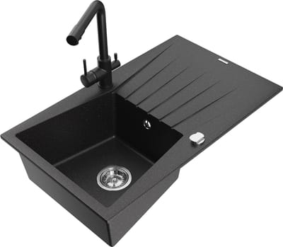 Mexen Cesar granieten gootsteen 1-kompartment met afdruiprek en keukenkraan Duero, zwart/zilver metallic - 6514-73-671600-70