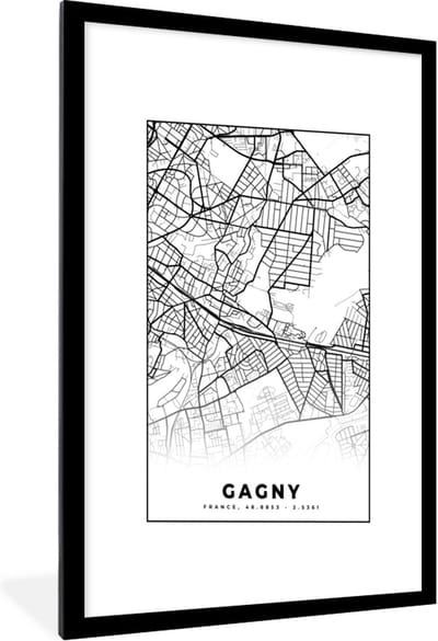 Fotolijst incl. Poster Zwart Wit- Gagny - Stadskaart – Plattegrond – Kaart – Frankrijk - Zwart wit - 60x90 cm - Posterlijst
