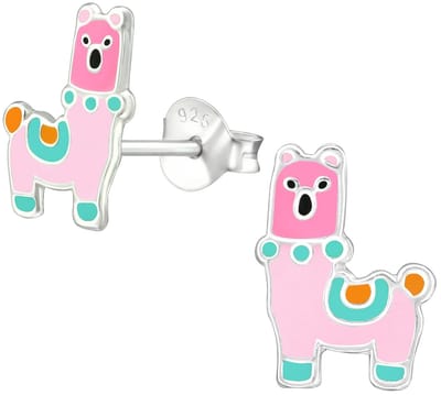 Joy|S - Zilveren alpaca lama oorbellen - 8 x 11 mm - roze met turquoise - kinderoorbellen - sterling zilver 925